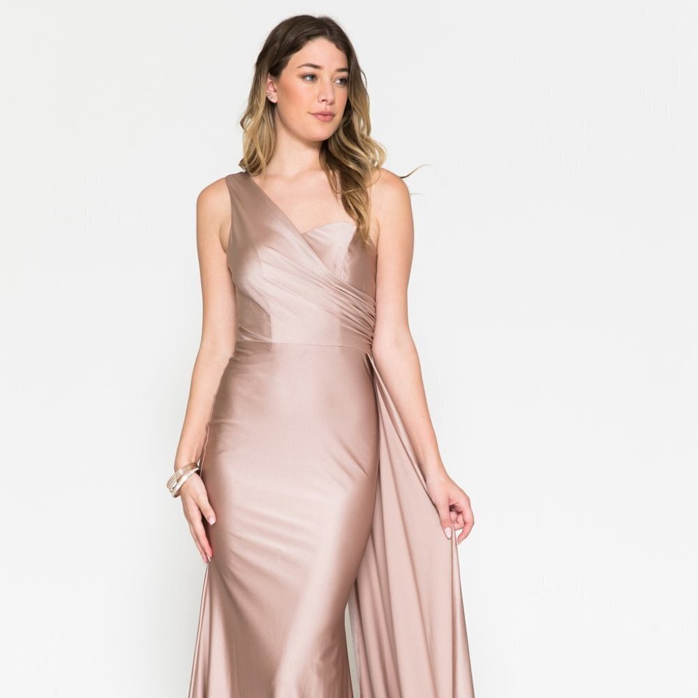 NEW LONG ONE SHOULDER SLEEVELESS SHEATH DRESS WITH SIDE CAPE SKIRT & ZIP 387